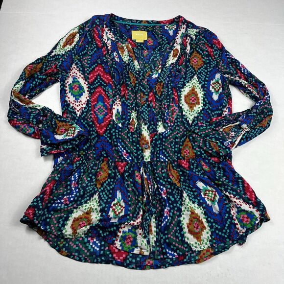 Maeve Anthropologie Topoxte Ikat Tunic Peplum 3/4 Sleeve Boho Vibrant Top 6 FLAW - Picture 1 of 12